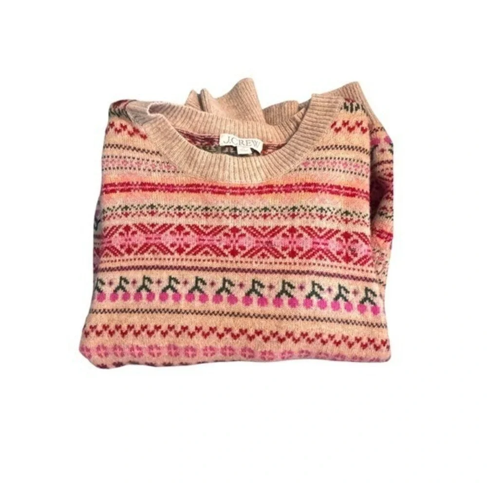J. Crew Puff Sleeve‎ Fair Isle Crewneck Sweater Floral Cherry Print XL